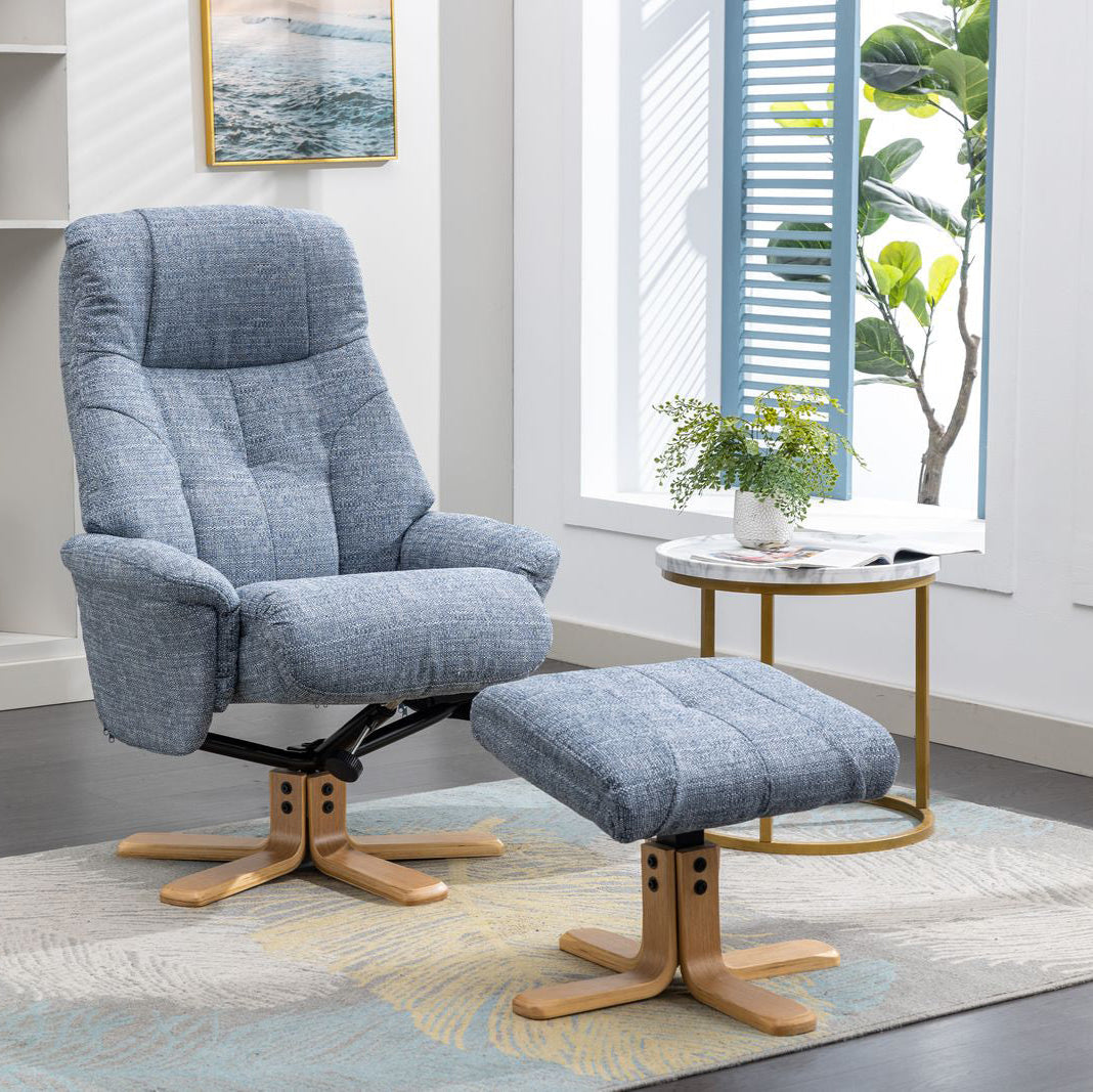 Global Furniture Alliance Dubai Swivel and Recliner Chair and Footstool in Lisbon Marine blue, soft touch cushioned fabric, with a light colour wooden base