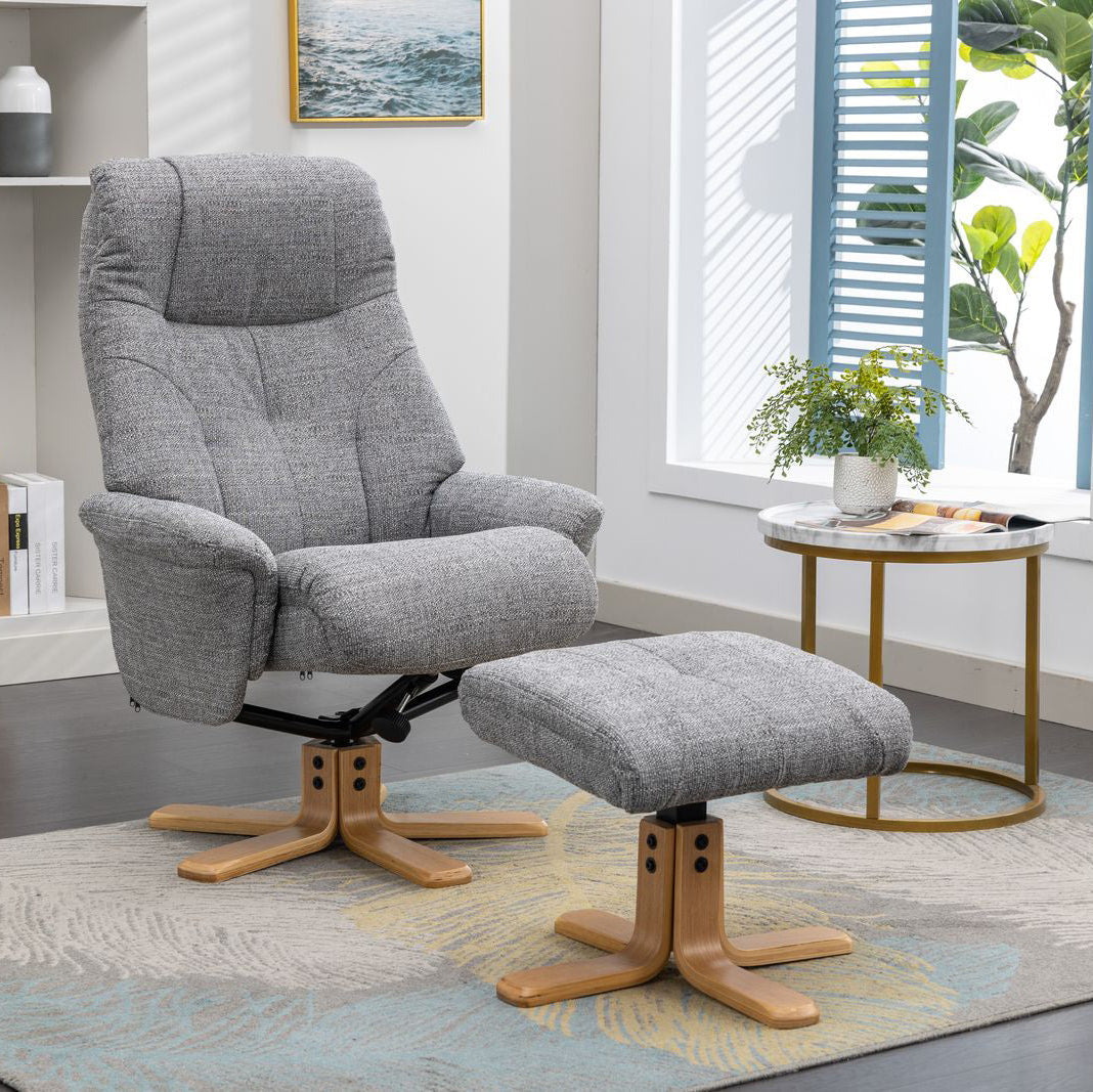 Global Furniture Alliance Dubai Chair and Footstool in Lisbon Rock soft touch cushioned fabric, features a swivel and recliner mechanism, and light colour wood base