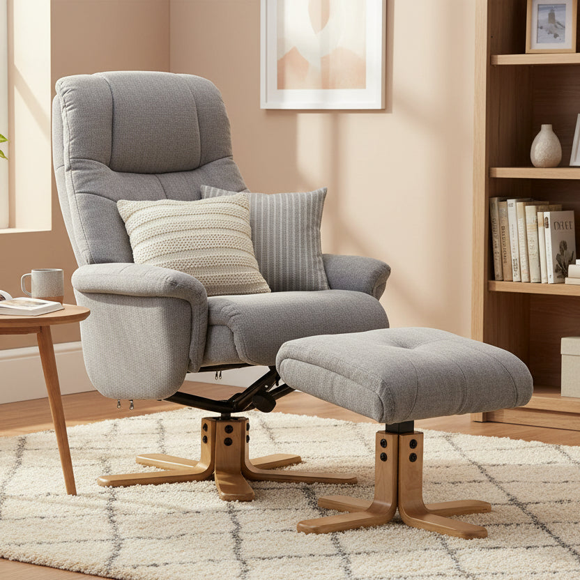 Global Furniture Alliance Dubai Swivel and Recliner Chair and footstool in Lisbon Silver soft touch cushioned fabric, and a light wood base
