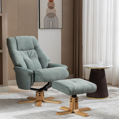 Global Furniture Alliance Dubai Chair and Footstool in Lisbon Teal, features a swivel and recliner mechanism and a light colour wood base