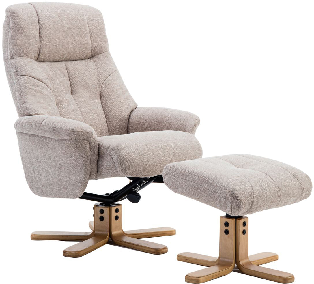 Global Furniture Alliance Dubai Swivel recliner Chair and footstool in Lisbon Wheat colour, with a light wooden base