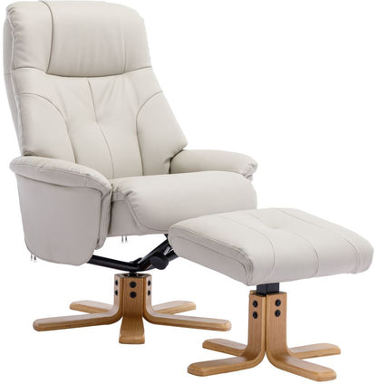 Global Furniture Alliance Dubai Chair in Mushroom faux leather, features a swivel and reclining mechanism and a matching footstool