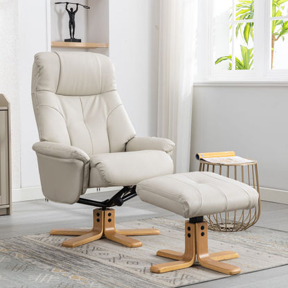 Global Furniture Alliance Dubai Swivel recliner Chair in Mushroom coloured faux leather fabric, with a matching footstool