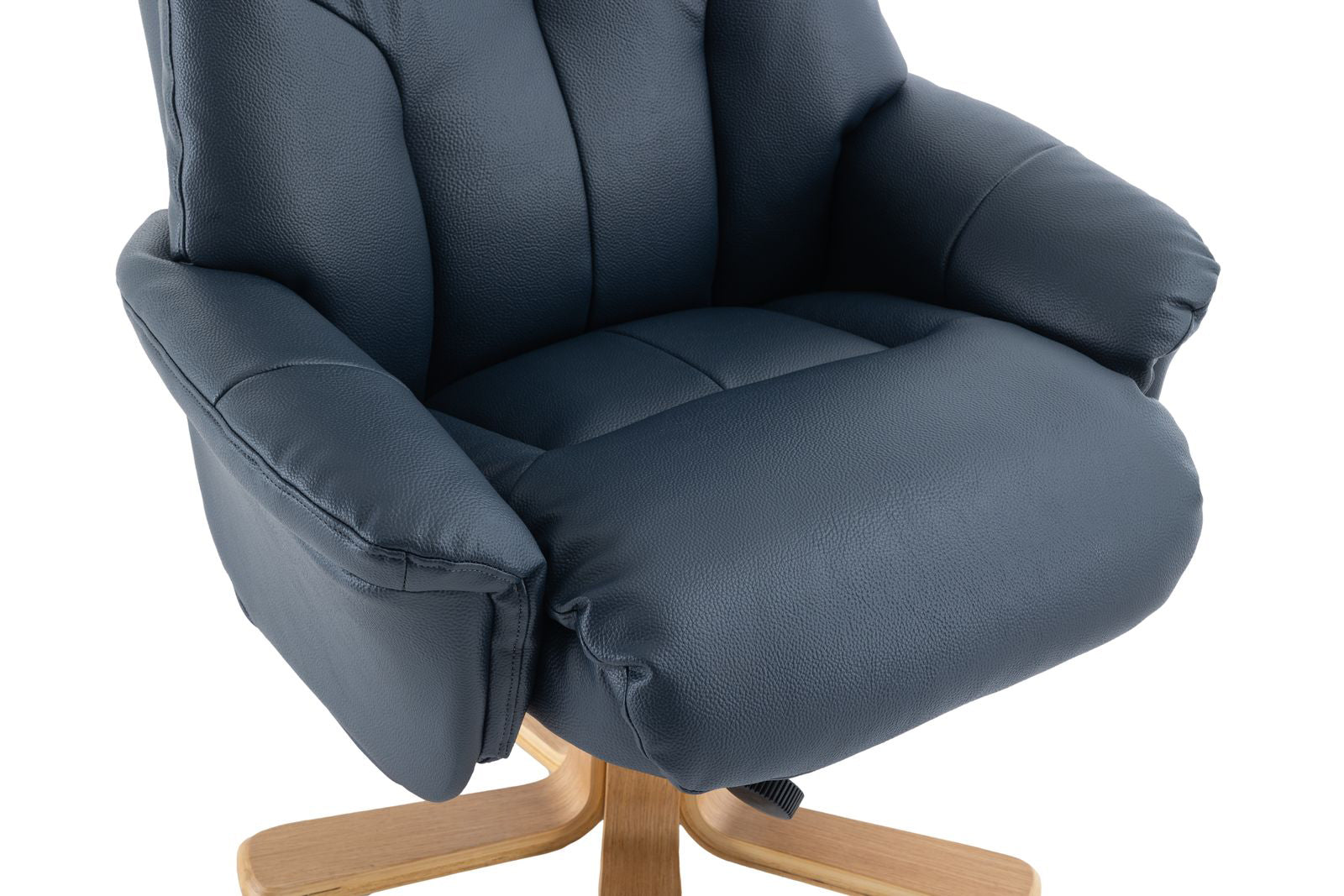 Global Furniture Alliance Dubai Swivel Recliner Chair in Navy faux leather with a light wood base