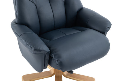 Global Furniture Alliance Dubai Swivel Recliner Chair in Navy faux leather with a light wood base