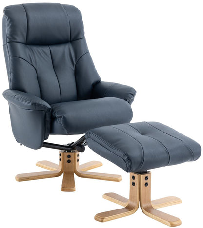 Global Furniture Alliance Dubai Chair in Navy faux leather, with a matching footstool and also features a swivel and recliner mechanism