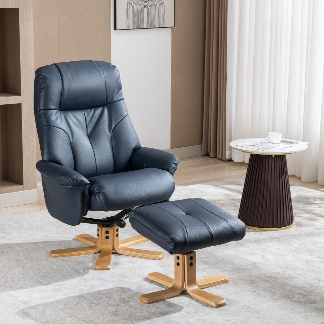 Global Furniture Alliance Dubai Chair and footstool in Navy faux leather, features a swivel and recline mechanism, and a light wood base