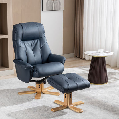 Global Furniture Alliance Dubai Chair and footstool in Navy faux leather, features a swivel and recline mechanism, and a light wood base