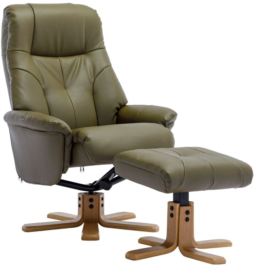 Global Furniture Alliance Dubai Swivel Recliner Faux Leather Chair in Olive Green colour, with a matching footstool
