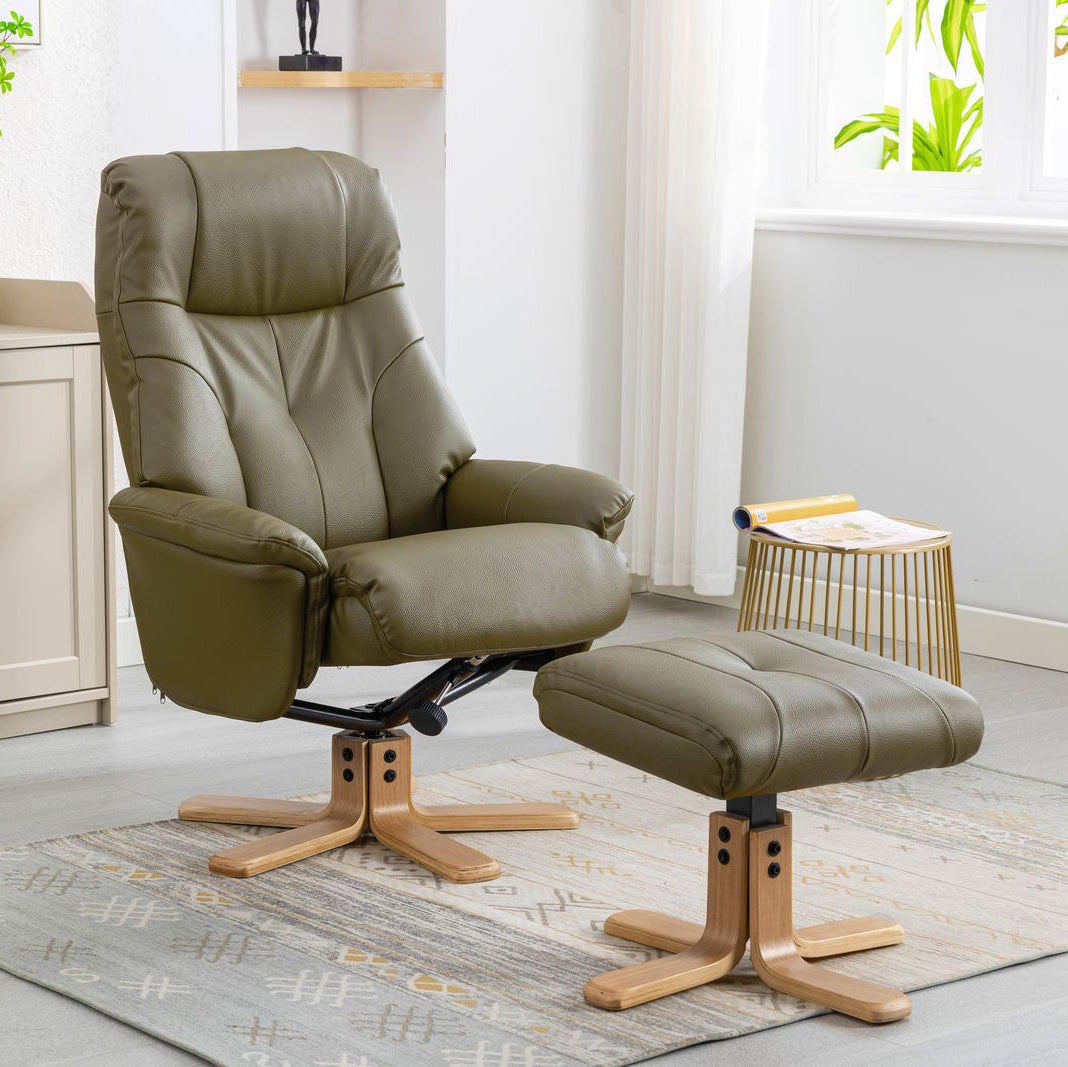 Global Furniture Alliance Dubai Chair and footstool in Olive Green faux leather with a swivel and reclining mechanism