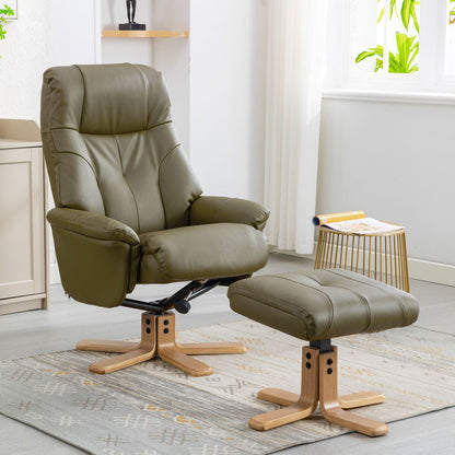 Global Furniture Alliance Dubai Chair and footstool in Olive Green faux leather with a swivel and reclining mechanism
