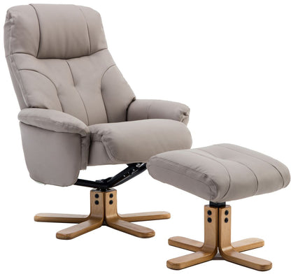 Global Furniture Alliance Dubai Faux Leather Chair in Pebble features a swivel and recliner mechanism, and a matching footstool