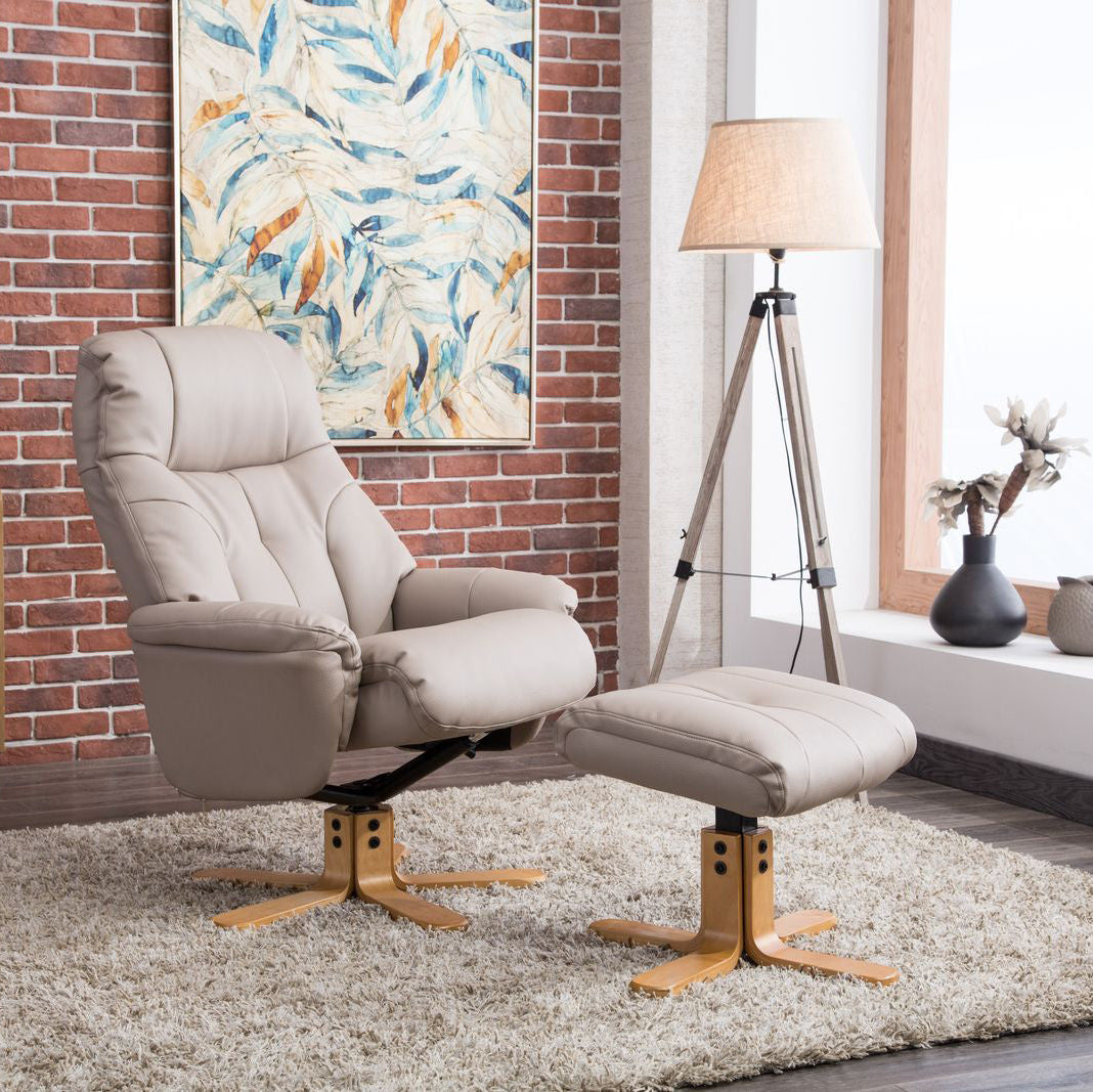 Global Furniture Alliance Dubai Swivel and Recliner Chair and matching footstool in a soft Pebble colour faux leather with light wood base