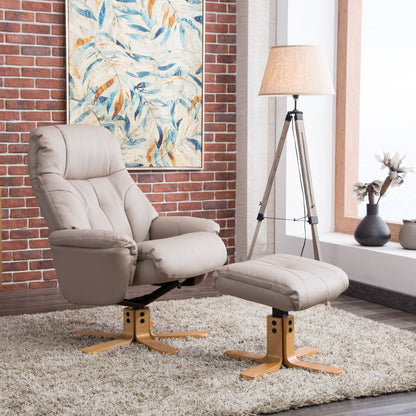 Global Furniture Alliance Dubai Swivel and Recliner Chair and matching footstool in a soft Pebble colour faux leather with light wood base