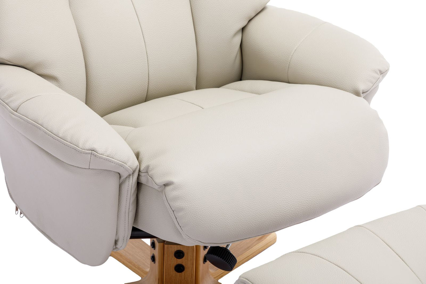 Global Furniture Alliance Dubai Swivel Recliner Chair in Mushroom coloured soft padded faux leather with a light wood base