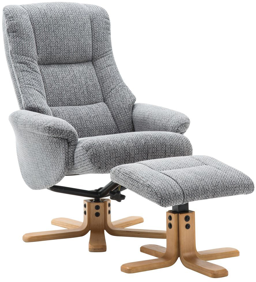 Global Furniture Alliance Florida Chair and footstool in Lake Blue fabric features a 360 degree swivel and reclining mechanism