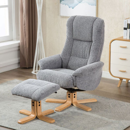 Global Furniture Alliance Florida 360 degree swivel and recliner chair and footstool, in Lake Blue soft padded fabric and a light wood base