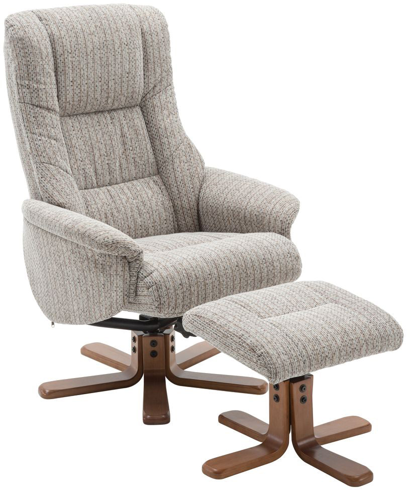 Global Furniture Alliance Florida Chair and footstool in Wheat colour fabric with a wooden base, features a 360 degree swivel and easy to use recline mechanism