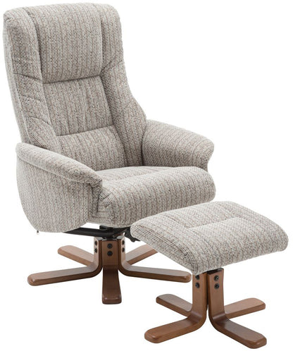 Global Furniture Alliance Florida Chair and footstool in Wheat colour fabric with a wooden base, features a 360 degree swivel and easy to use recline mechanism