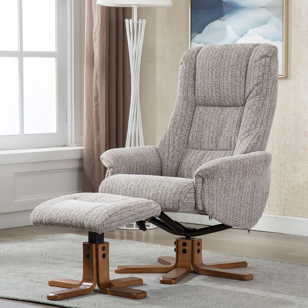 Global Furniture Alliance Florida Swivel and Recliner Chair in Wheat colour soft padded fabric, with a matching footstool