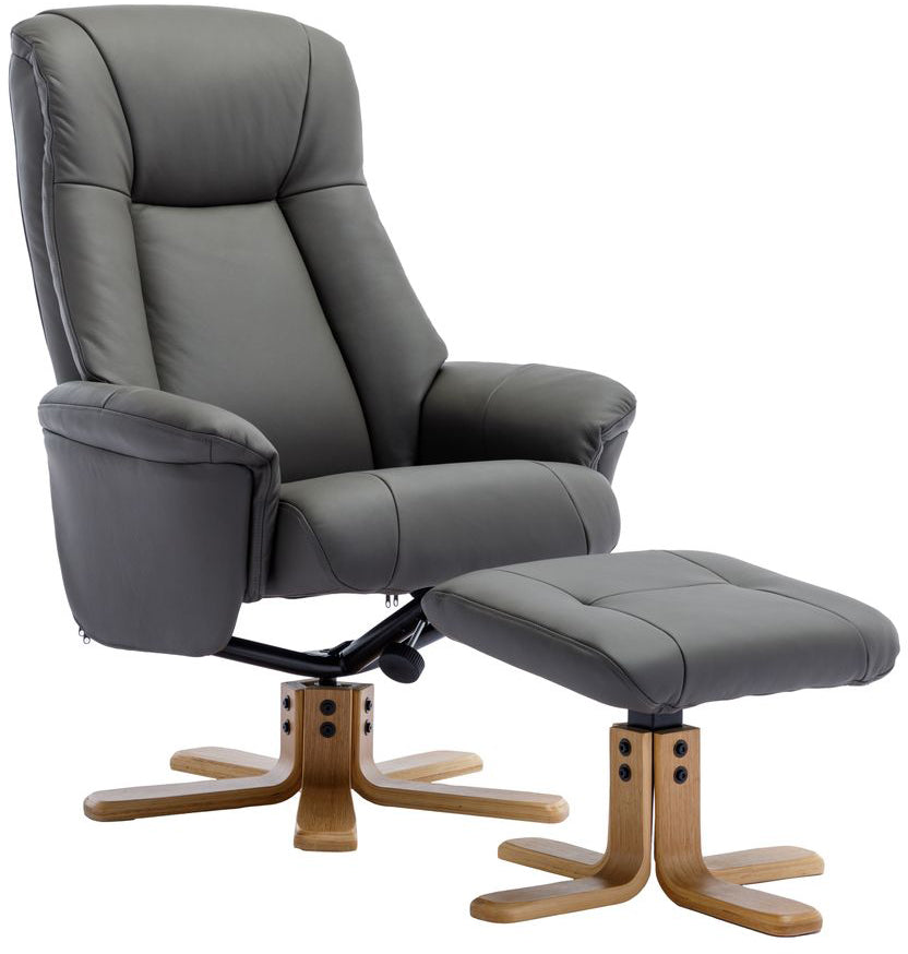 Global Furniture Alliance Hawaii Chair in Cinder Leather features 360 degree swivel function and a recline mechanism, with a matching footstool