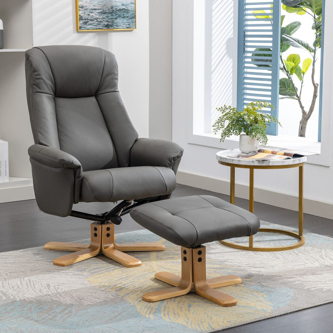 Global Furniture Alliance Hawaii Swivel and Recliner Chair in Cinder colour soft Leather with matching footstool 