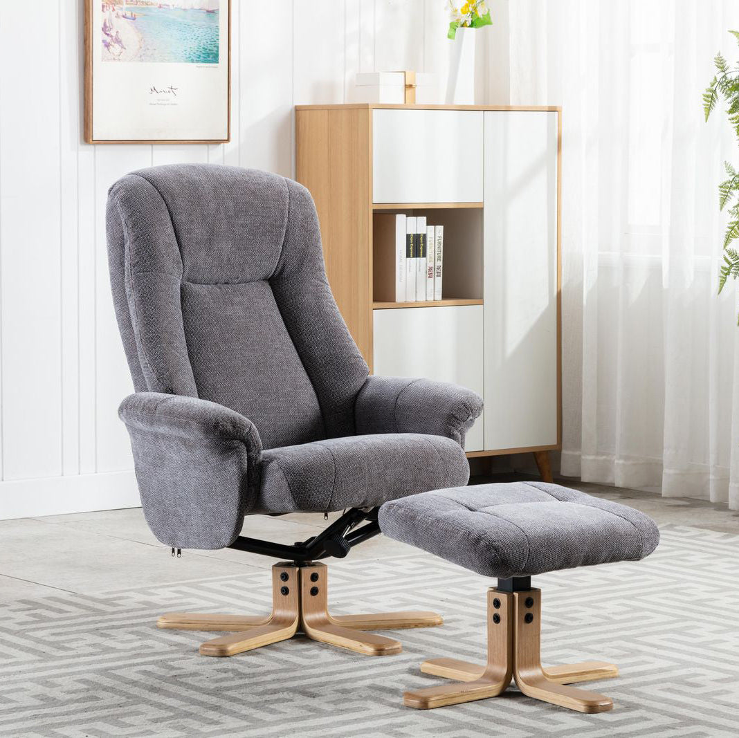 Global Furniture Alliance Hawaii Chair in Lille Charcoal Fabric features a 360 degree swivel function, effortless recline mechanism, deep padded cushioning and matching footstool