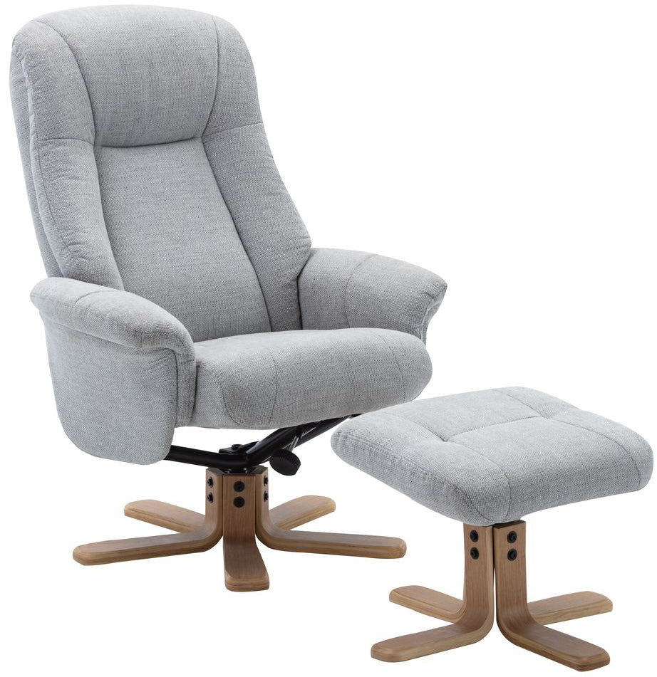 Global Furniture Alliance Hawaii Chair in Lille Cloud Fabric, features a 360 swivel function and a recline mechanism, plus a matching footstool