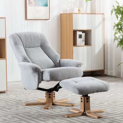Global Furniture Alliance Hawaii Swivel Recliner Chair and footstool in Lille Cloud Fabric, and a light wooden base