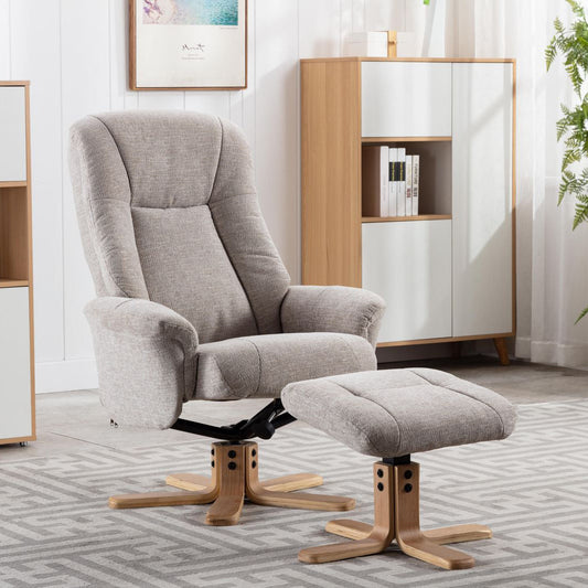 Global Furniture Alliance Hawaii Swivel and Recliner Chair and footstool in Lille Sand Fabric, with a light wood base