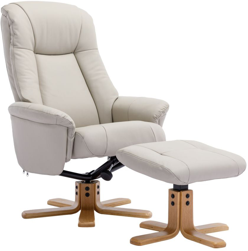 Global Furniture Alliance Hawaii Chair in Mushroom Leather with matching footstool, features a 360 swivel function and reline mechanism, with a light wooden base