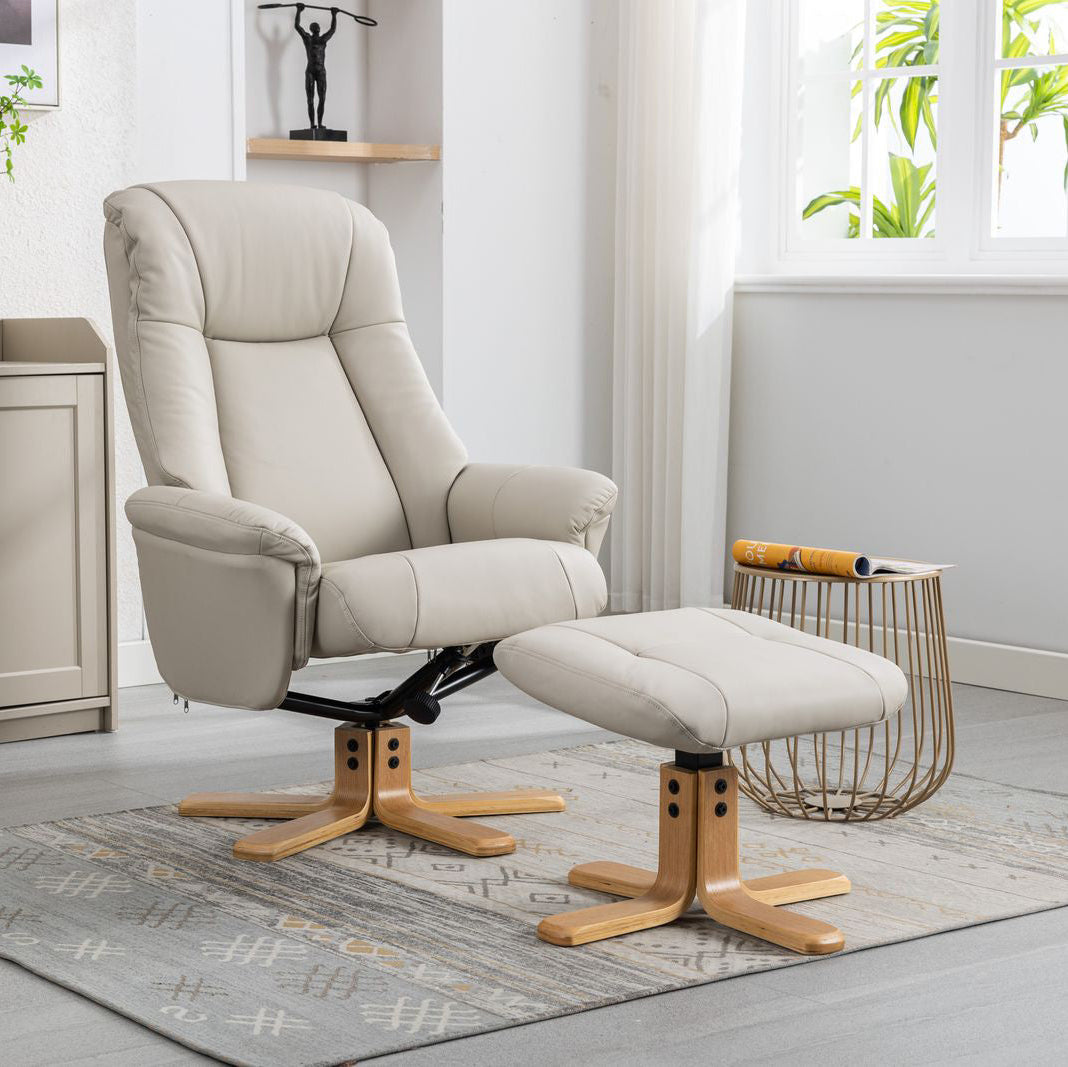 Global Furniture Alliance Hawaii Swivel and Recliner Chair with matching footstool, features a 360 degree swivel function and recline mechanism, in a soft comfortable Mushroom Leather