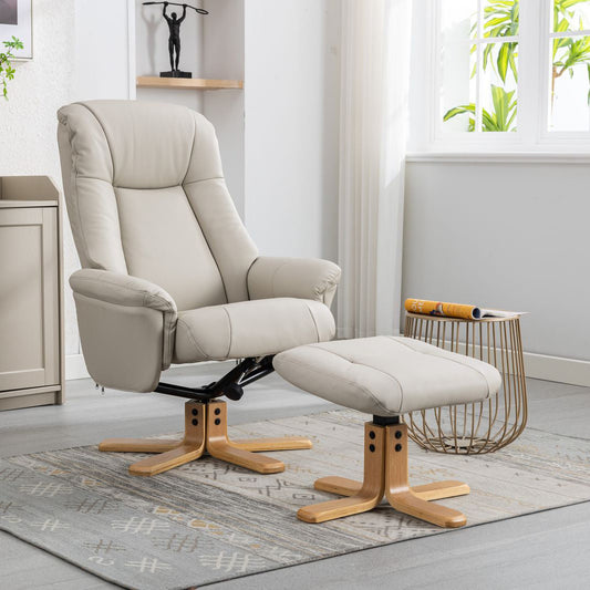 Global Furniture Alliance Hawaii Swivel and Recliner Chair with matching footstool, features a 360 degree swivel function and recline mechanism, in a soft comfortable Mushroom Leather