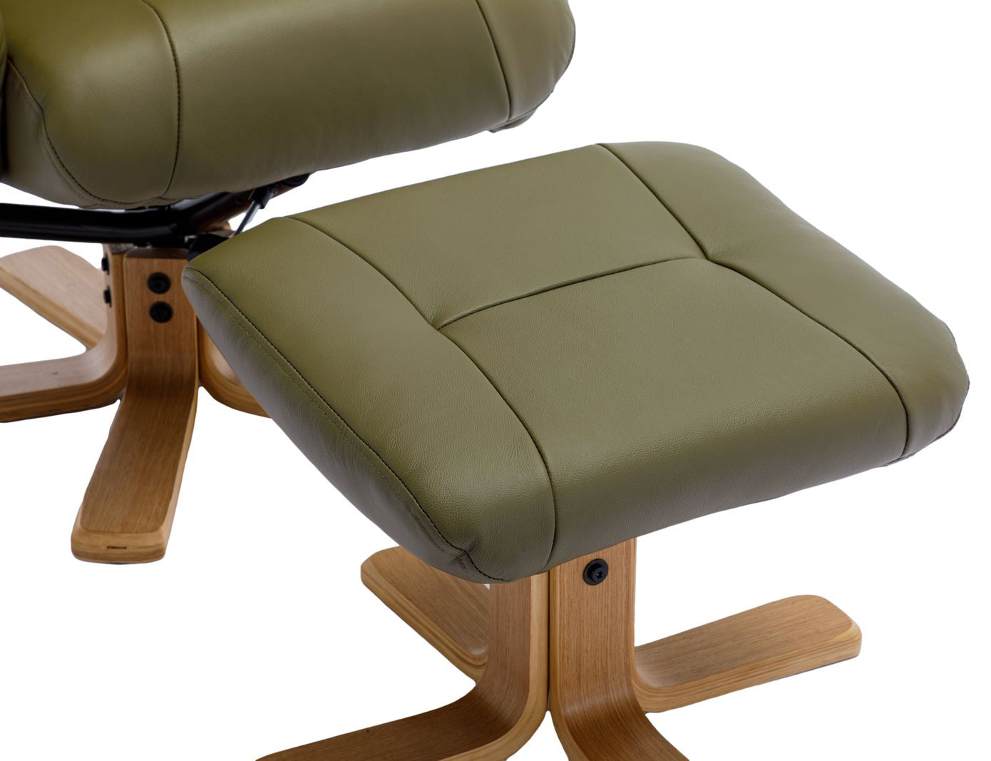 Global Furniture Alliance Hawaii Swivel Chair and footstool in Olive Green Leather with a light wooden base