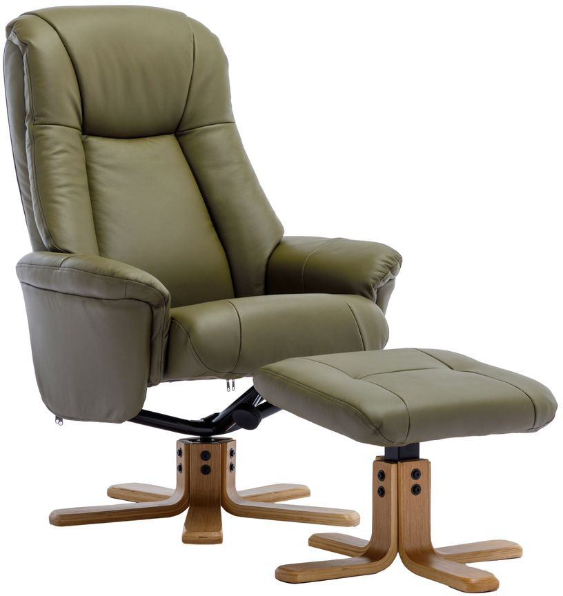 Global Furniture Alliance Hawaii Swivel Recliner Chair and matching Olive Green Footstool in a soft comfortable Leather