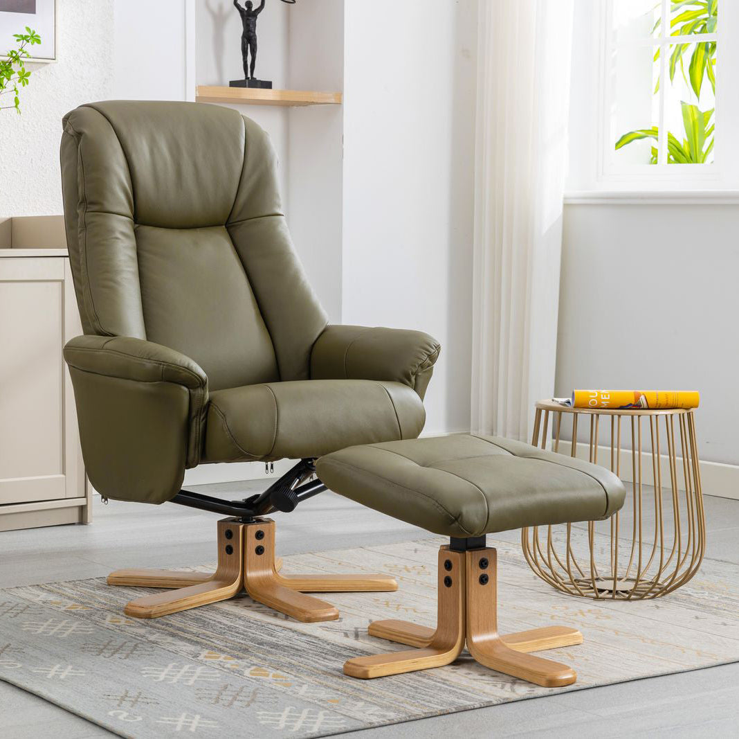 Global Furniture Alliance Hawaii Swivel and Recliner Chair with matching footstool in Olive Green Leather with a light wood base