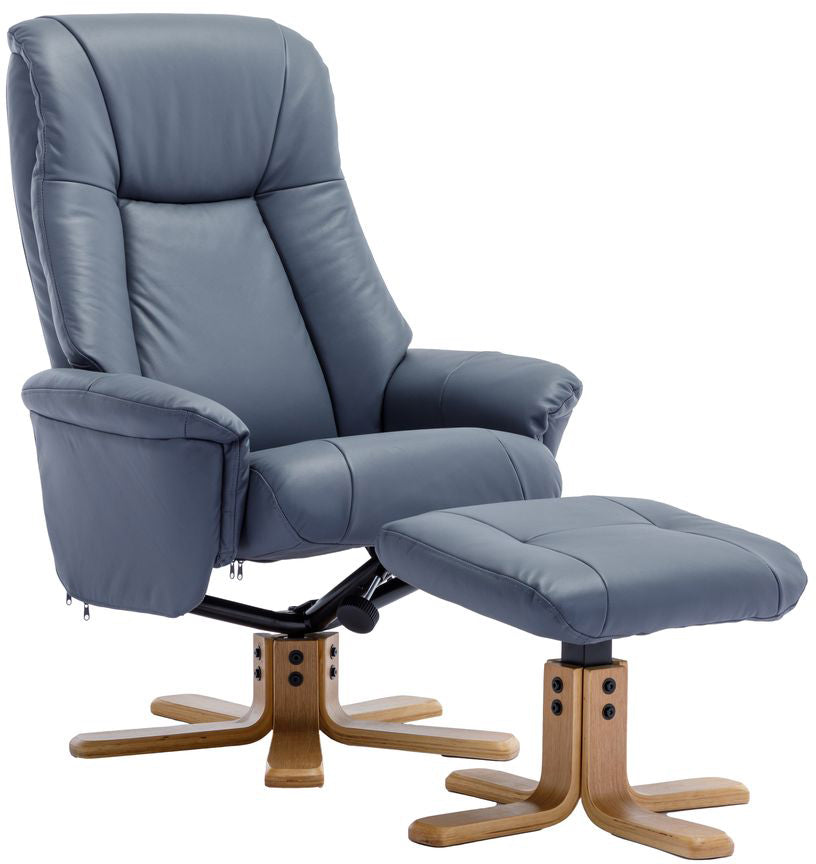 Global Furniture Alliance Hawaii Chair and footstool in Petrol Blue Leather with light wood base