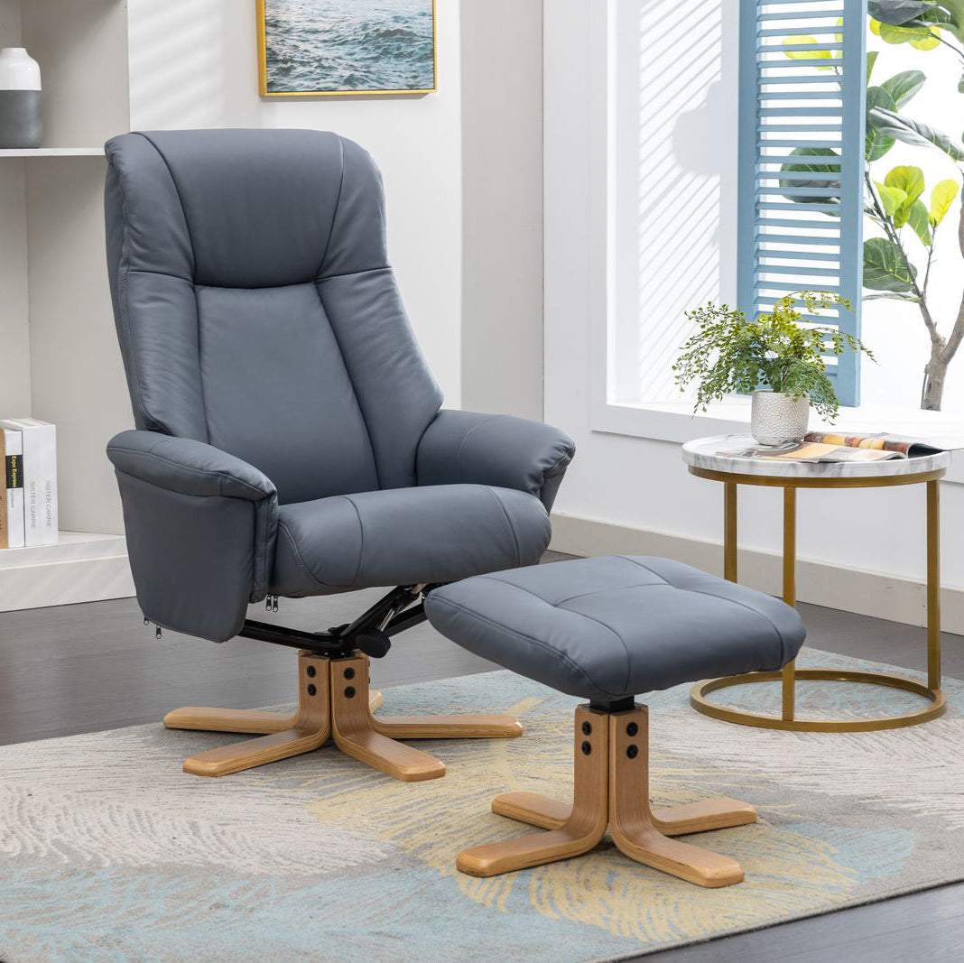 Global Furniture Alliance Hawaii Swivel and Recliner Chair and matching footstool in Petrol Blue Leather with light wood base