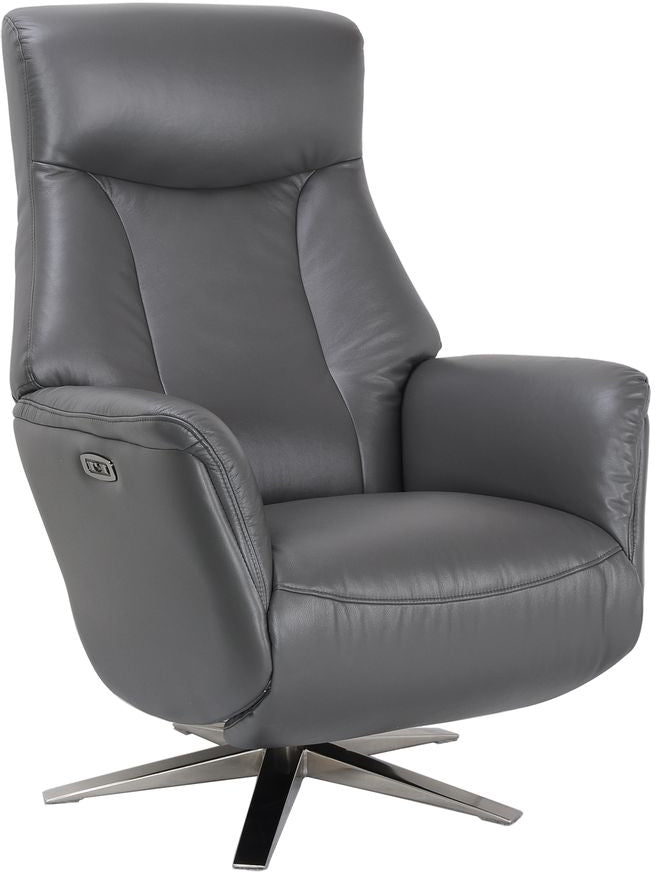 Global Furniture Alliance Houston Chair in Iron Grey Leather features both swivel and recliner functions with an integrated footrest, and a chrome metal base