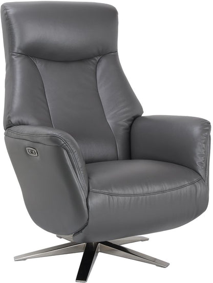Global Furniture Alliance Houston Chair in Iron Grey Leather features both swivel and recliner functions with an integrated footrest, and a chrome metal base