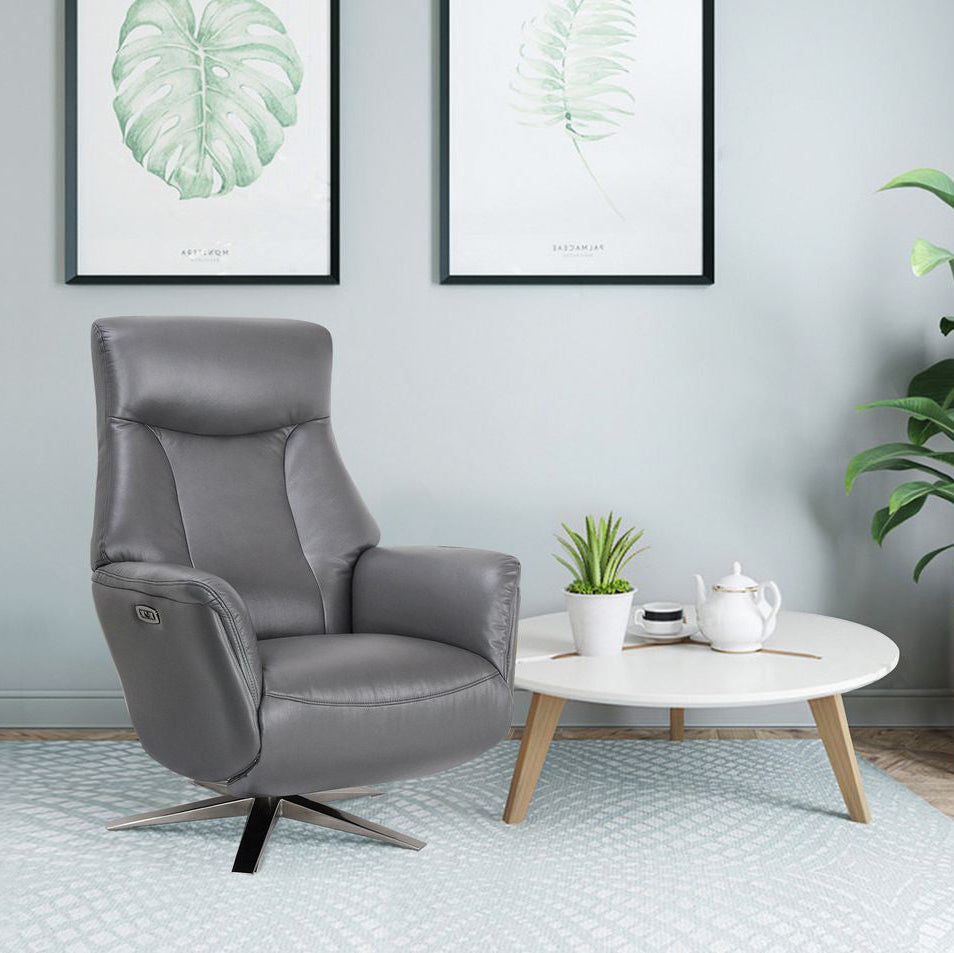 Global Furniture Alliance Houston electric swivel and recliner chair in Iron Grey Leather with an integrated footstool and chrome metal base