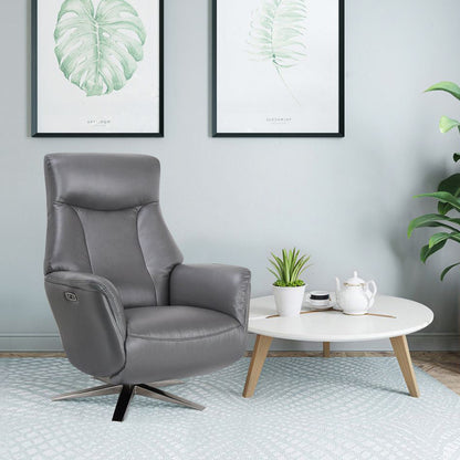 Global Furniture Alliance Houston electric swivel and recliner chair in Iron Grey Leather with an integrated footstool and chrome metal base
