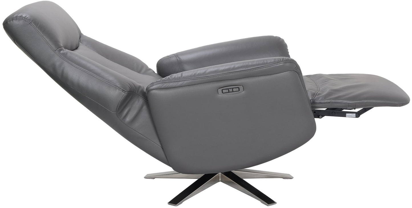 Global Furniture Alliance Houston Chair in Iron Leather has an electric swivel and recliner function with an integrated footrest and chrome metal base 