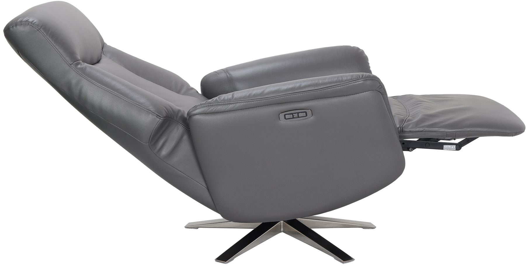 Global Furniture Alliance Houston Chair in Iron Leather has an electric swivel and recliner function with an integrated footrest and chrome metal base 