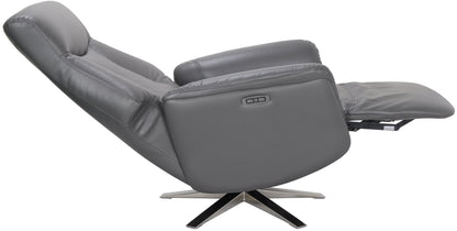 Global Furniture Alliance Houston Chair in Iron Leather has an electric swivel and recliner function with an integrated footrest and chrome metal base 