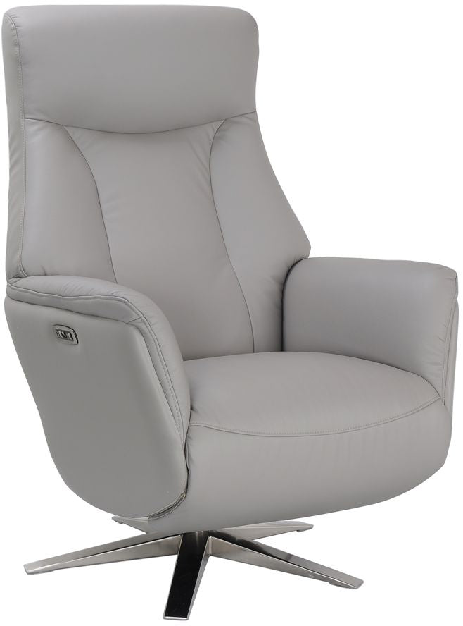 Global Furniture Alliance Houston Chair in Platinum Grey Leather features both swivel and recliner functions and has an integrated footrest