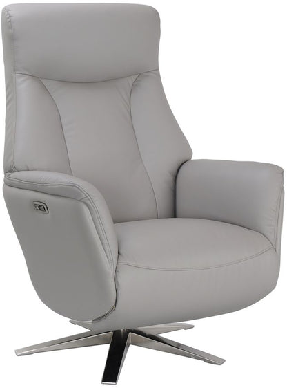Global Furniture Alliance Houston Chair in Platinum Grey Leather features both swivel and recliner functions and has an integrated footrest
