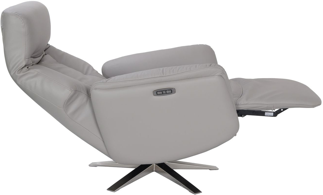 Global Furniture Alliance Houston Electric Swivel and Recliner Chair in Platinum Leather features an integrated footrest and a chrome metal base