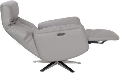 Global Furniture Alliance Houston Electric Swivel and Recliner Chair in Platinum Leather features an integrated footrest and a chrome metal base