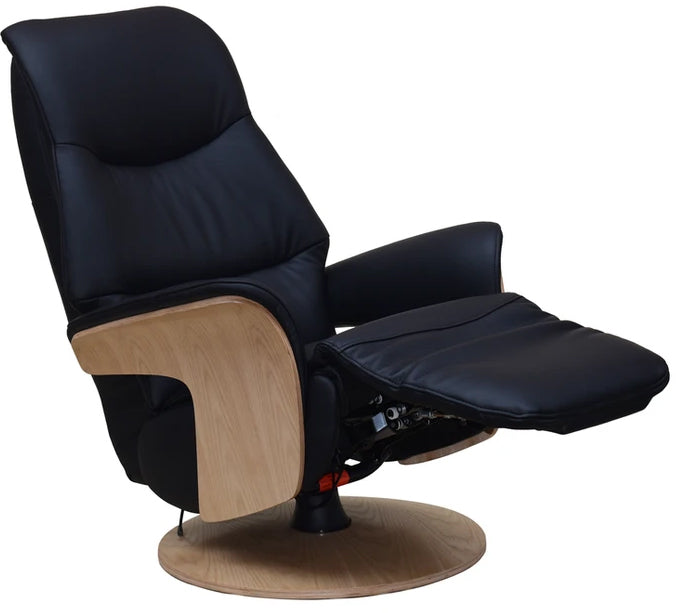 Global Furniture Alliance Iowa Swivel Chair in Black leather upholstery with an integrated footrest